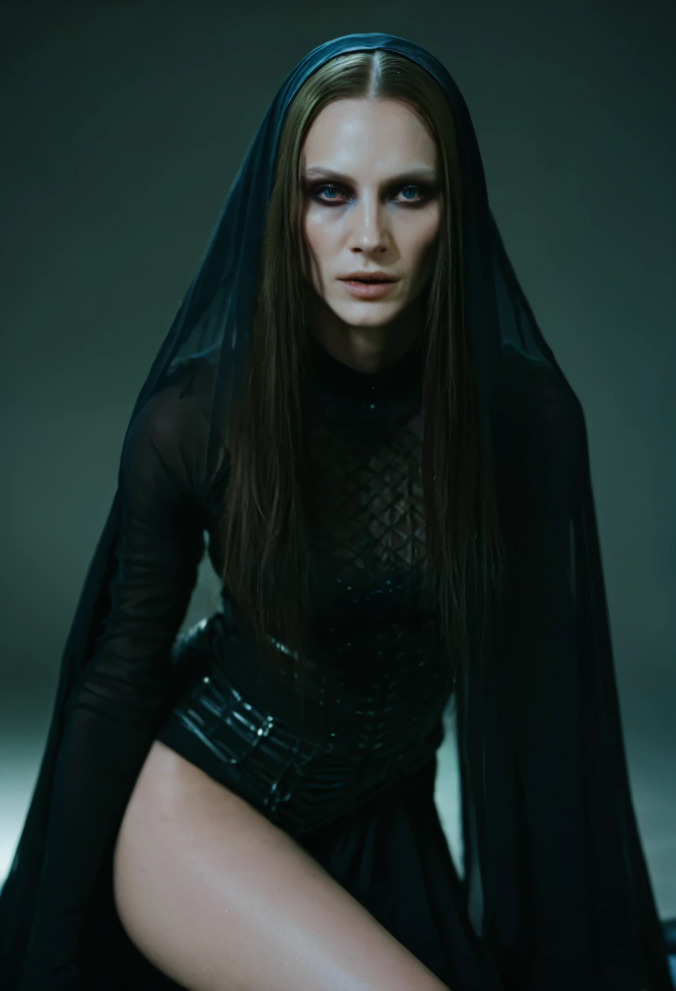 Fashionable of androgynous alien looking witch wearing veil, glowing eyes, beautiful evil slavic muscular woman, pale skin, long hair, minimal details, givenchy, photoreal, 200mm, hd, f/ 2.0, highly detailed, surreal, sitting, light smile, simple black stylish clothes, a slight smiledrop dead, in the style of red and blue, (intricate details, hyperdetailed:1.15) (skin texture:1.2), cinematic, professional, 4k, (((dynamic model pose))), sitting, full body, mesmerizing, dynamic, dramatic, sensual, dynamic pose, highly detailed skin with hair, subcutaneous veins, light and shadow play, highly detailed,24mm photograph, film, bokeh, professional, 4k,