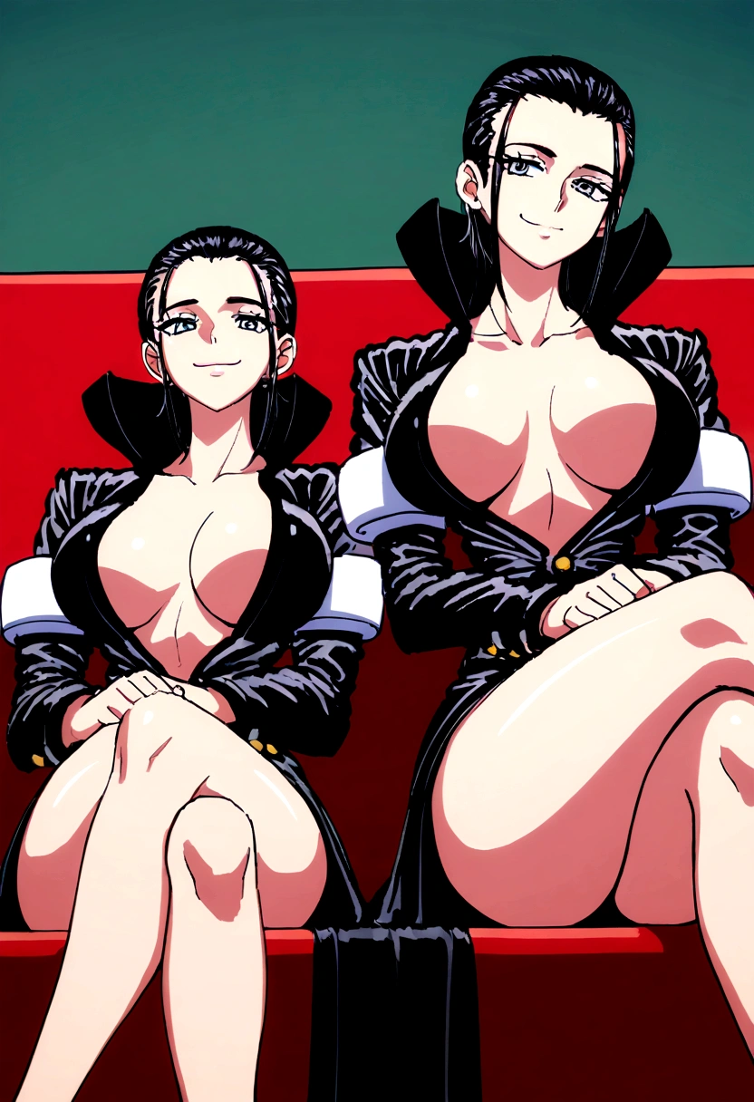 nicorob, slicked back hair, large breast, laying dow in couch, crossed legs, smiling, no bra and panty, blushing,