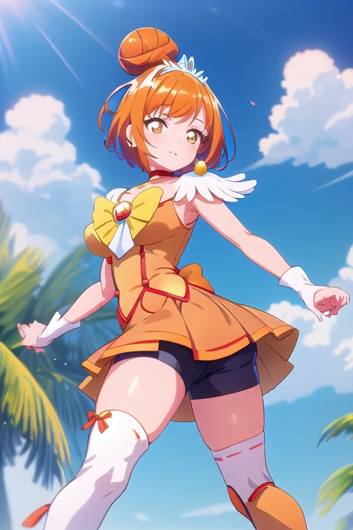 (masterpiece, best quality), 1girl,  sunny_a, orange eyes, orange hair, single bun hair,, feather hair ornament, tiara, orange choker, cure sunny costume,  orange shorts under skirt, orange shorts, boots,