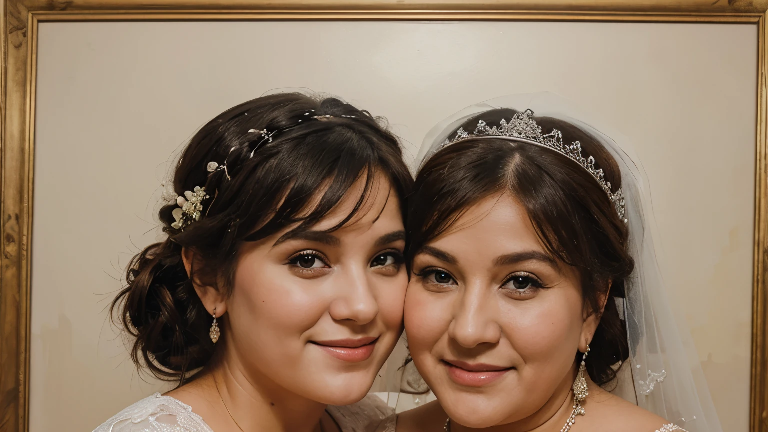 a painting of a chubby bride witj her old grandmother