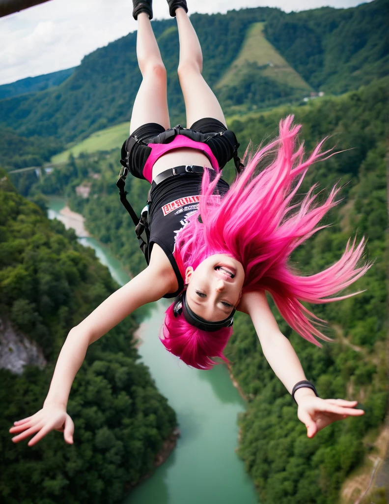 very attractive 25 year old girl with long bright pink hair, bunjee jumping, upside down mid air, photo quality