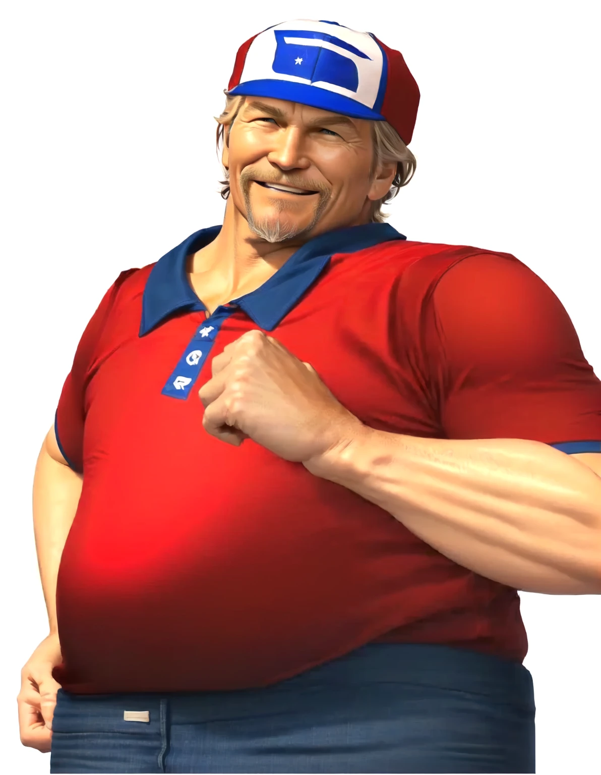 a close up of a man wearing a red shirt and blue jeans, as a character in tekken, beefy, realistic textures, jeff bridges with a goatee, best friend smiling at you with encouragement, Out Run 2 flagman, 2 k, 2k, muscular bernie sanders, buff man, character from king of fighters, robust stocky body, hide the pain harold, name of character is flagman, wise face, his cap has a SEGA logo on it