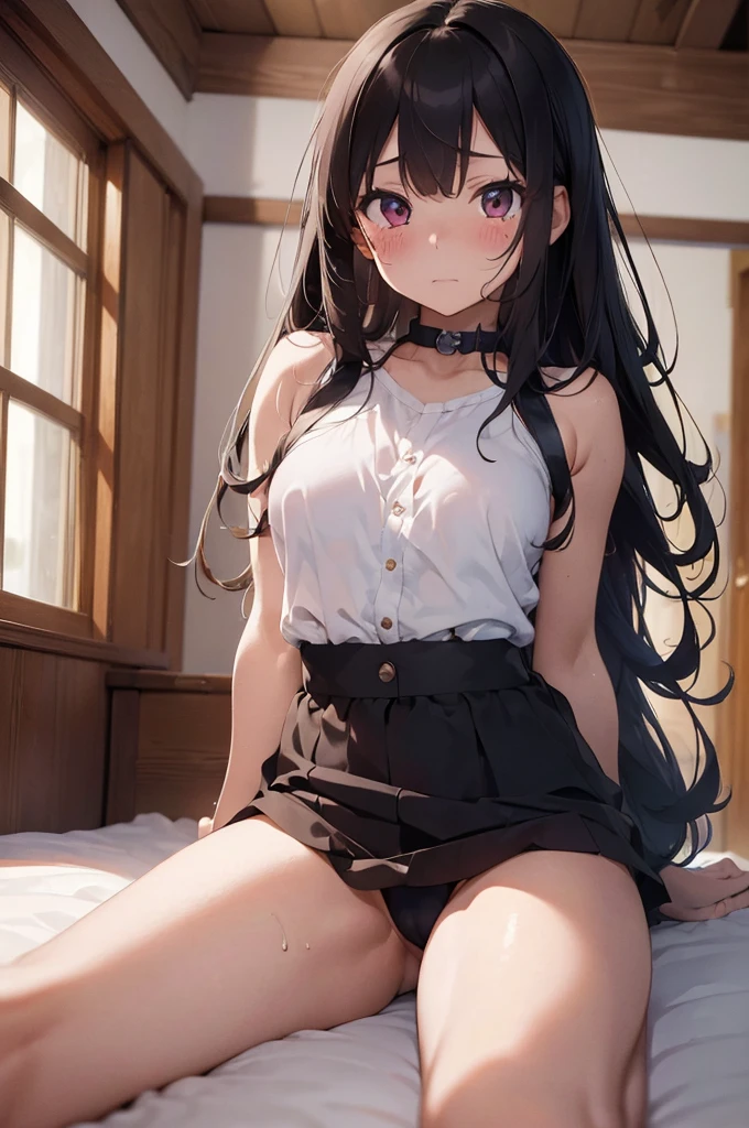 (((masterpiece, Highest quality, High resolution, High detail)))), long hair girl,bedroom,Small breasts,naked,Lying on your back,Lying with legs spread,Insert a into your genitals,blush,Crying face,tears,Sweat,Being restrained,