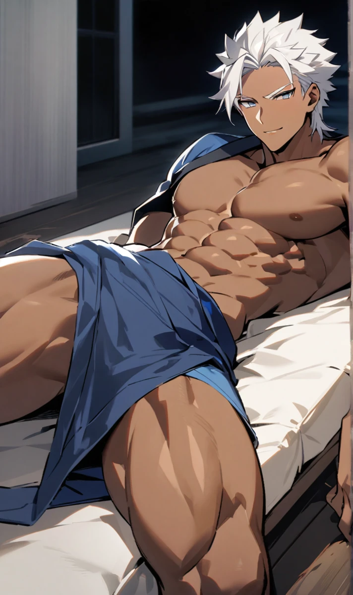 Character masculine From The king of figthers, k Dash Lying on a futon with a soft smile on your lips in a night mood , white hair, Gray iris eyes, dark skin, Toned muscular body, Wearing a simple blue kimono