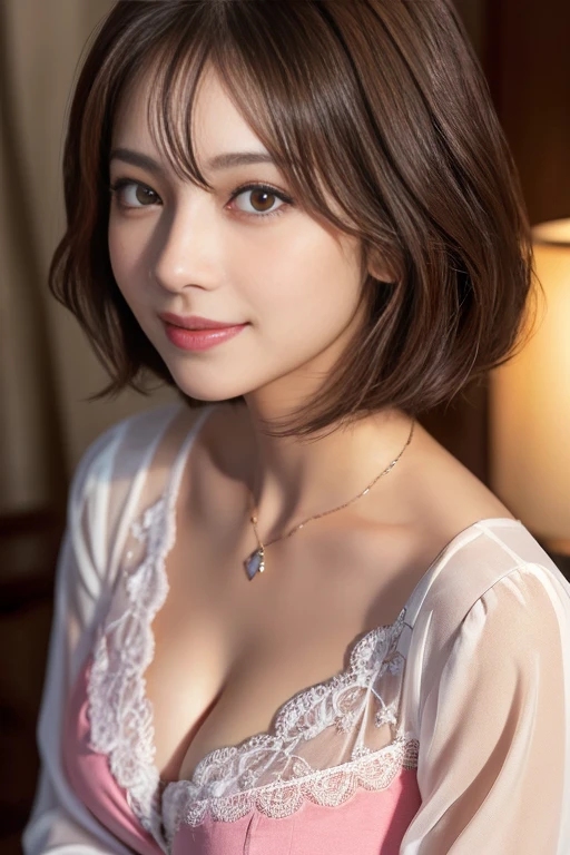 Nipples are visible、(RAW Photos), (Realistic), (masterpiece), (highest quality), High resolution, 8K resolution, (Intricate details), (Volumetric Light), Portraiture, woman,, short hair, Straight hair, Layered Hair, Brown haired, Highly detailed eyes, Source order, Very thin eyebrows, Highly detailed skin, Highly detailed mouth, Highly detailed nose, Cute like an idol, smile, ((Thick lips)), ((Look at the viewers)), (Elegant blouse)、Cleavage、Cleavage、The color of the clothes is up to you、The color of her underwear is see-through pink、