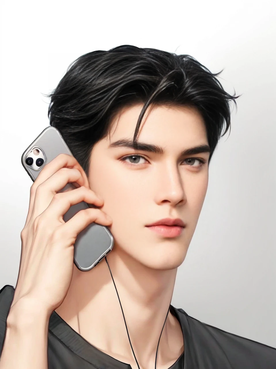 masterpiece, 1boy, adult, handsome, black hair, undercut hair, perfect face, detailed eyes and face, black eyes, clean shaved, muscular, capturing a rural atmosphere, dynamic lighting, unreal engine 5, hd picture, hold the cellphone