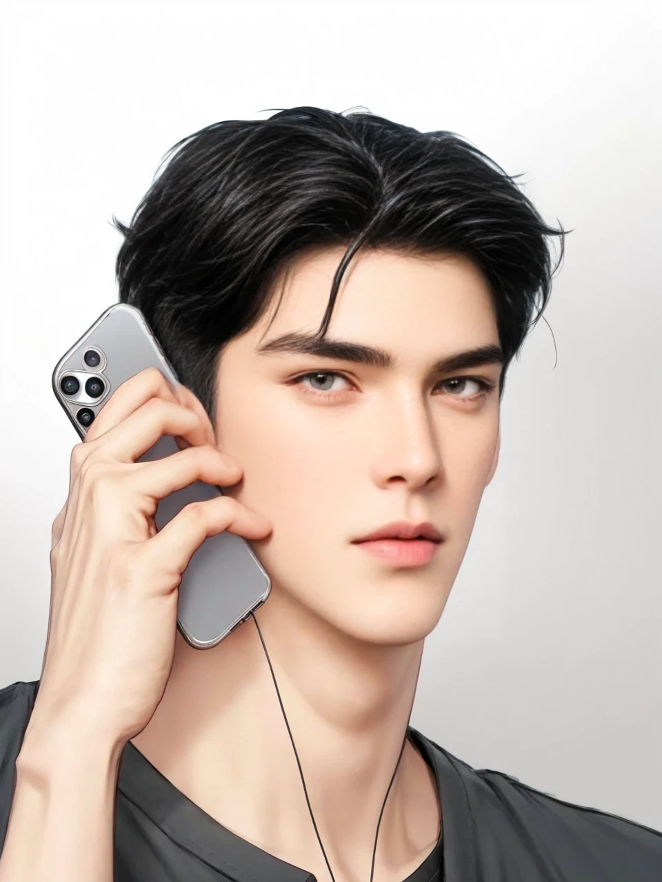 masterpiece, 1boy, adult, handsome, black hair, undercut hair, perfect face, detailed eyes and face, black eyes, clean shaved, muscular, capturing a rural atmosphere, dynamic lighting, unreal engine 5, hd picture, hold the cellphone