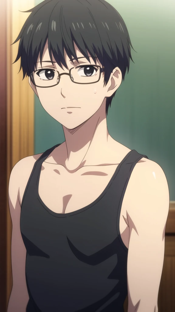 masterpiece, best quality, high quality, 1boy, solo, male focus, looking at viewer, upper body, takezou_kurata, black hair, black eyes, glasses, , tank top