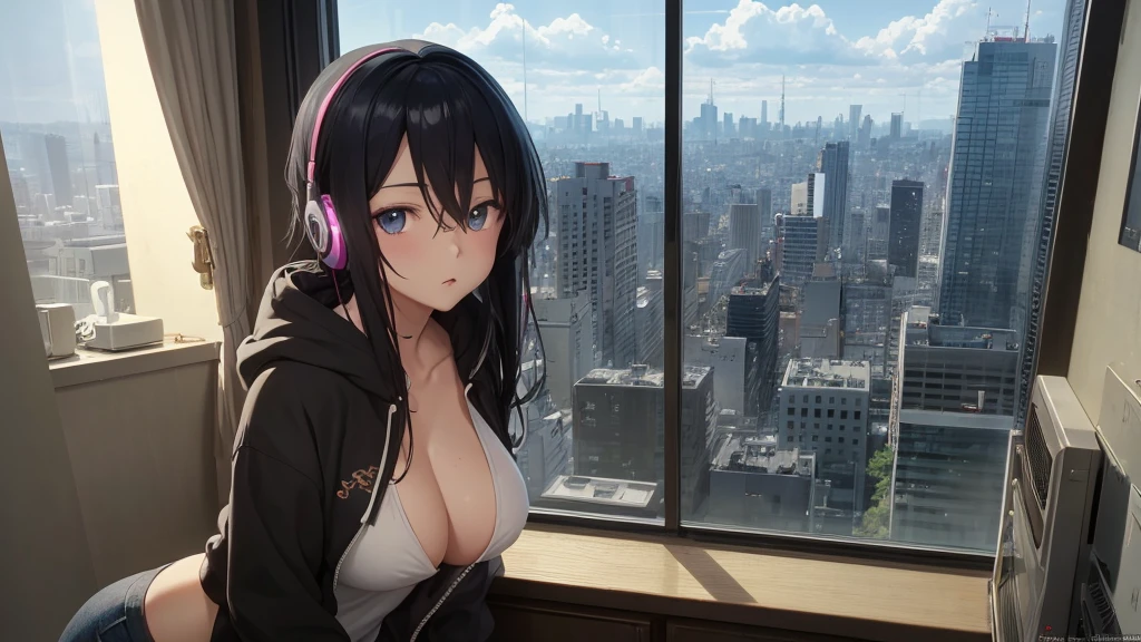 Absurd, Ultra-high resolution, (Official Art, beautifully、mysterious:1.2), Correct human body composition, Striking eyes, length, Shiny black hair, Larger than average bust, Girl listening to music with headphones, Looking out the window, lo-fi girl, Oversized hoodie, Makoto Shinkai and Artgelm, Anime atmosphere, Lofi Art Style, Anime style 8k, Anime Aesthetics, Lo-fi feel, Anime Art Wallpapers 8K, An atmosphere of praise, City Room, Teenage Girl's Room, A room for music lovers, city view from the window, Impressive cityscape, Bright sky