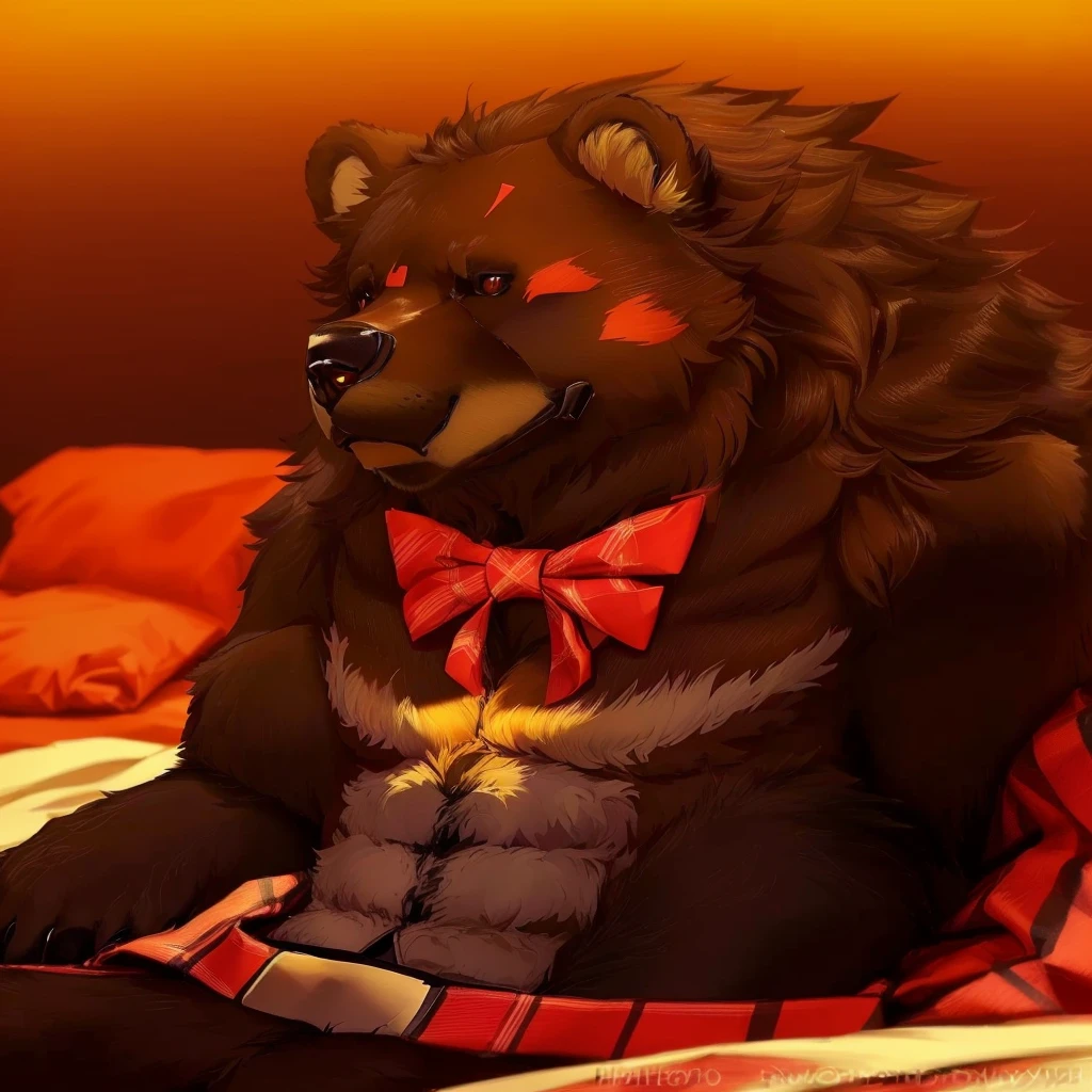 there is a bear with a red bow tie sitting on a bed, pov furry art, furry chest, furry art!!!, very very beautiful furry art, furry anime, furry furaffinity, furry art, fursona furry art commission, professional furry drawing, furry brown body, furry fursona, furry wolf, furry body, macro furry, fluffy chest