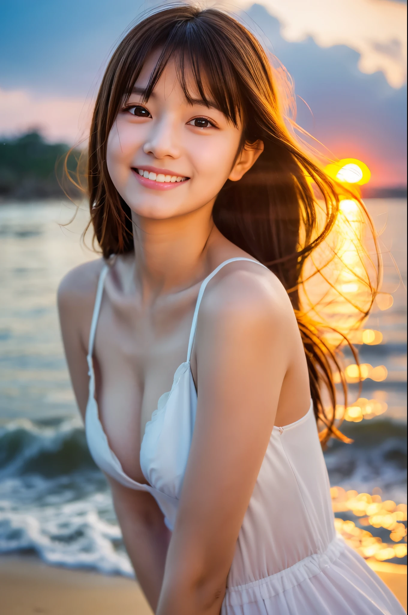 A very cute face like an idol、Looks like a young face、20-year-old female、Gentle and cute、A kind smile、Cleavage、one piece、Beach with beautiful sunset、(cheers),Natural light、whole body、SLR、Film Camera、RAW Photos、Genuine、live-action、(Artistry)、Artistic Expression、Real Stick、High resolution、masterpiece