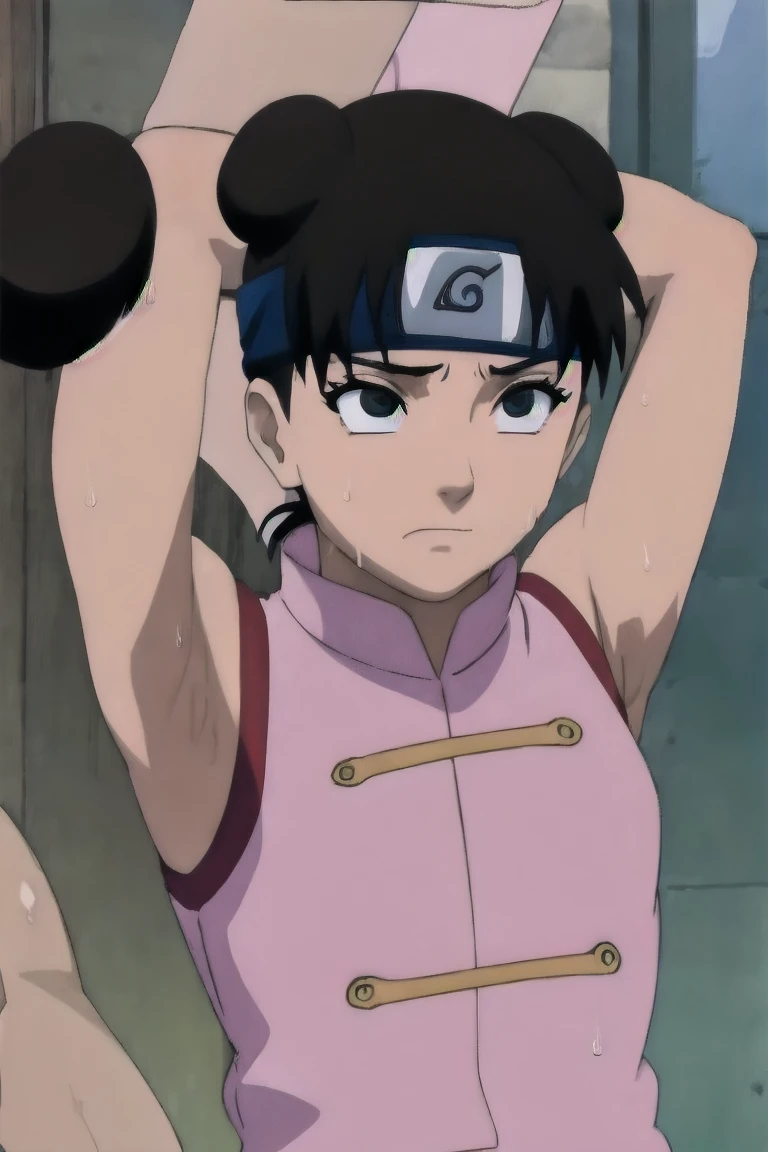 Tenten,solo,armpits,wet armpits, showing wet armpits, armpit,armpits,sweat,sweaty,sweaty armpits,awesome armpits,tired,exhausted,arms up,arm warmers,sleeveless, moderately sized breasts, nude 