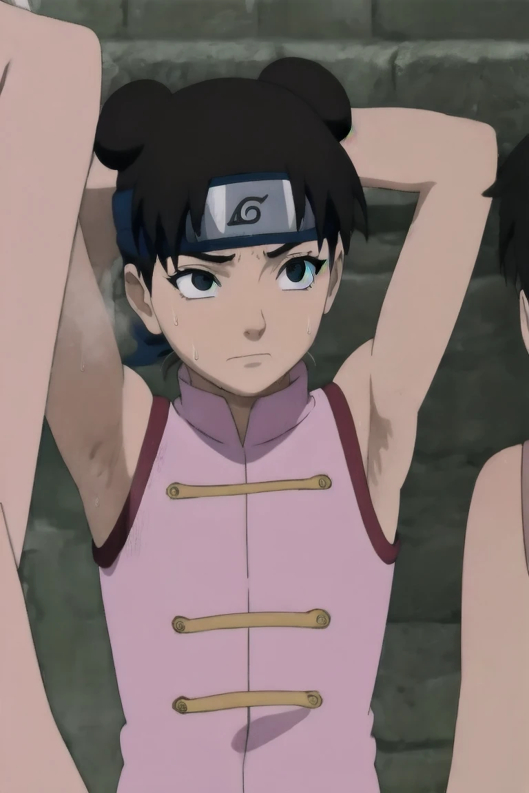 Tenten,solo,armpits,wet armpits, showing wet armpits, armpit,armpits,sweat,sweaty,sweaty armpits,awesome armpits,tired,exhausted,arms up,arm warmers,sleeveless, moderately sized breasts, nude 