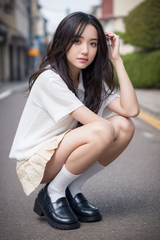 elegant, masterpiece, intricate, realistic, best quality, absurdres, detailed high face detail, perfect eyes, illustration, detailed, kawaii bad girl, feet out of frame, mini skirt, serafuku, kneehighs, loafers, squatting, wind blowing hair, smooth hair, beautiful hair, detailed hair, messy hair, short hair,