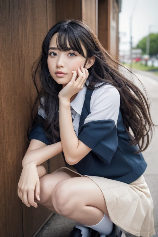 elegant, masterpiece, intricate, realistic, best quality, absurdres, detailed high face detail, perfect eyes, illustration, detailed, kawaii bad girl, feet out of frame, mini skirt, serafuku, kneehighs, loafers, squatting, wind blowing hair, smooth hair, beautiful hair, detailed hair, messy hair, short hair,