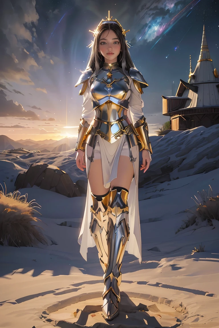 ((masterpiece, best quality, extremely detailed), volumetric lighting, ambient occlusion, colorful, glowing), 1girl, solo, young girl, (dark hair), long hair, halo, aura, sacred, goddess, cleric suit, (silver outfit with gold detailst:1.3), armor, outdoors, sunset, sky, clouds, space, (fantasy theme:1.2), full body armor