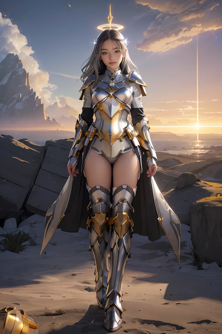 ((masterpiece, best quality, extremely detailed), volumetric lighting, ambient occlusion, colorful, glowing), 1girl, solo, young girl, (dark hair), long hair, halo, aura, sacred, goddess, cleric suit, (silver outfit with gold detailst:1.3), armor, outdoors, sunset, sky, clouds, space, (fantasy theme:1.2), full body armor