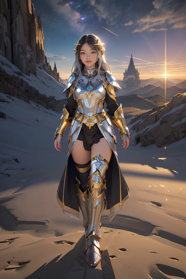 ((masterpiece, best quality, extremely detailed), volumetric lighting, ambient occlusion, colorful, glowing), 1girl, solo, young girl, (dark hair), long hair, halo, aura, sacred, goddess, cleric suit, (silver outfit with gold detailst:1.3), armor, outdoors, sunset, sky, clouds, space, (fantasy theme:1.2), full body armor