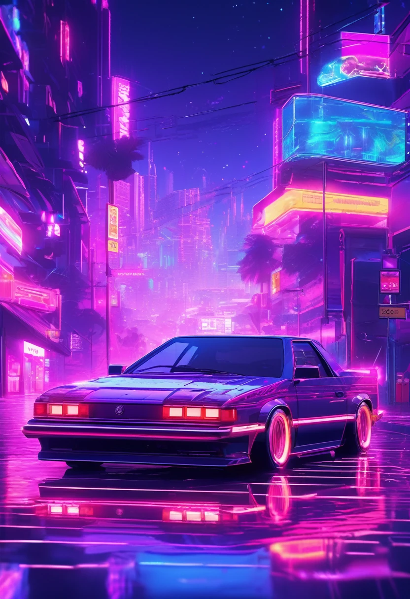 retrowave. citys, car, Roadside, purple neon lights, floor, moutain, (work of art,detailded,alta refloorução),(best qualityer,4K,8K,alta refloorução,work of art:1.2),ultra-detailded,(realisitic,photorealisitic,photo-realisitic:1.37),vaporwave aesthetic,purple-pink color palette,glitch effects,neon lights,misty atmosphere,surreal scenery,retro vibe,nostalgic feeling,Inspired by the 80s,horizonte da citys,soft aesthetic,calm and dreamy,lo-fi vibes,Retro Arcade Machines,elegant architecture,pôr do floor dourado,reflective surfaces,shining stars,lush vegetation,Roman statues,swirly vibrant colors,slow motion cinematography,old TV screens,Starry sky,luzes vibrantes da citys,vela romântica ao pôr do floor,serene ocean waves,soft pastel tones,modern cyberpunk elements,subtle holographic details,old school technology,80s fashion,fitas cassete,animated glitch art,ethereal music background, urban exploration,cosmic energy,levitating objects,background vaporwave music,VR compatible experience, There&#39;s a store with neon lights and neon lights, Cyberpunk scenario, Estilo Cyberpunk hiperrealisitic, cyberpunk atmosphere, cyberpunk atmosphere, concept art style, Future cyberpunk scenario, Bee style, Cyberpunk 2 0 7 7 style, sci-fi ambiance, cyberpunk market, science fiction aesthetic, sci-fi ambiance, cyberpunk garage in Jupiter, cyberpunk interior, (a busy arcade,High-quality artwork detailing each game and the players&#39; faces),ultra-detailed lighting brings neon glow to life in the dark,bright colors contrasting with the dark,viewed from a ceiling angle adding a sense of dynamism,The background depicts a cityscape at night,adding a modern touch.
