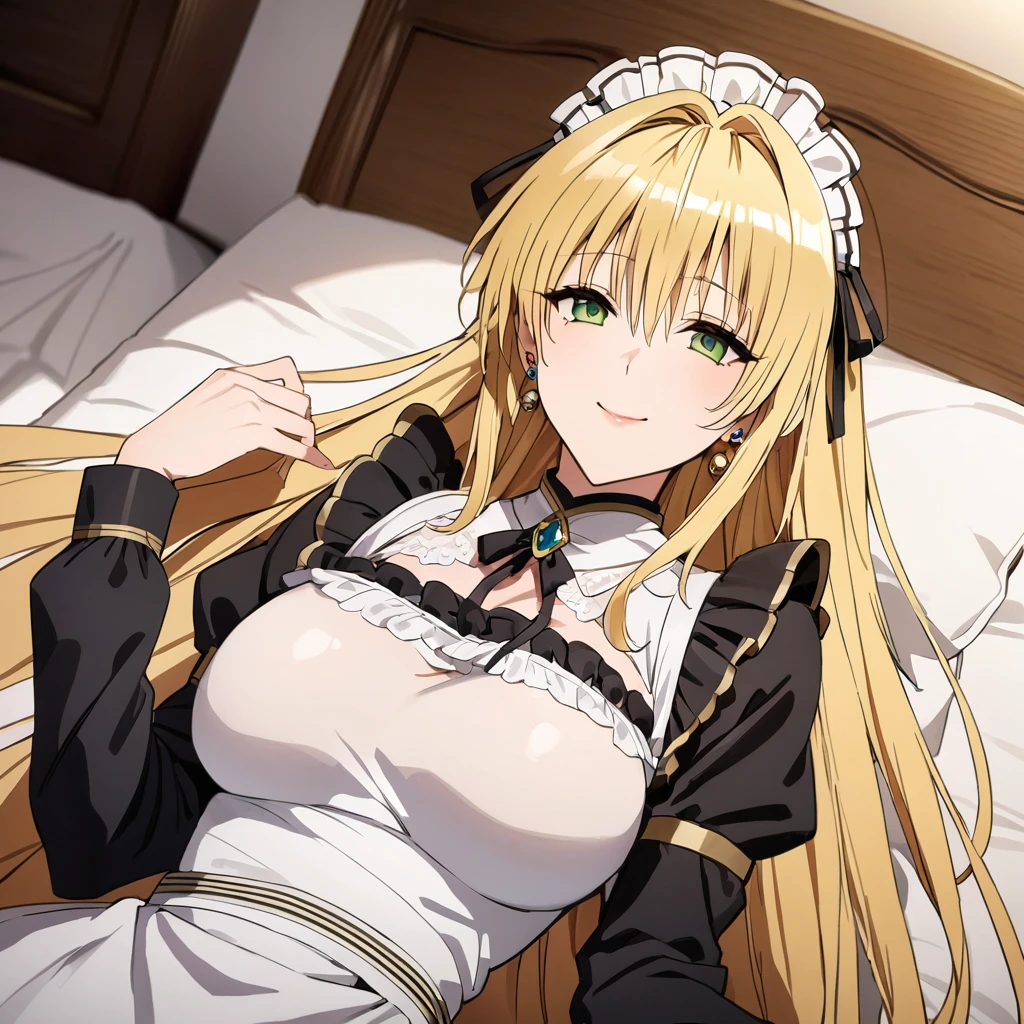The luxurious and high-class Victorian maid outfit is evenly decorated with gorgeous gold embroidery and edging, and the blouse, apron, and headband also have gorgeous gold embroidery and edging.、((Highest quality)), ((masterpiece)), (detailed), (Perfect Face)、The woman is Tierre, with green eyes, medium-long blonde hair, a Victorian maid outfit and maid headband, jeweled earrings, and an engagement ring.、The woman is smiling fondly in a luxurious room、The Victorian maid uniform is a calm, old-fashioned type with long sleeves and a long skirt, decorated with luxurious gold embroidery and edging.、The woman is lying on the bed with her legs open, seducing and inviting sex.