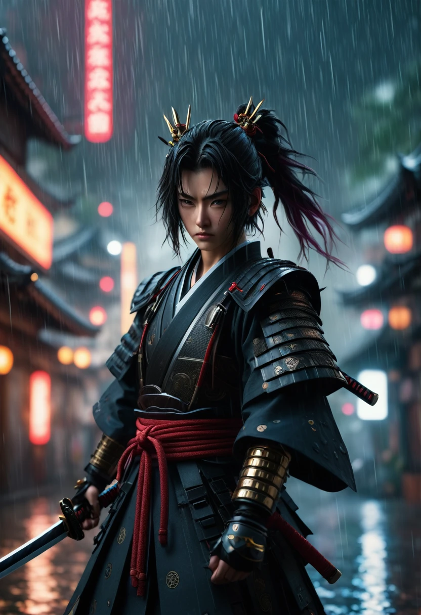 robot samurai,rain,six arms,swords,best quality,4k,8k,highres,masterpiece:1.2,ultra-detailed,realistic,photorealistic,photo-realistic:1.37,HDR,UHD,studio lighting,ultra-fine painting,sharp focus,physically-based rendering,extreme detail description,professional,vivid colors,bokeh,cyberpunk,dark,moody,dramatic lighting,intricate details,powerful,imposing,fierce expression,dynamic pose,water droplets,gloomy atmosphere,epic,cinematic