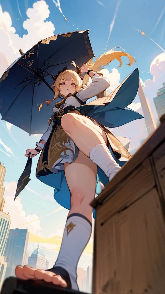 1girl, 1girl, nahida \(genshin impact\), genshin impact, stirrup socks, stepping,(pov from below:1.3), stepped on, pov, low angle, no shoes, feet, looking down, toes, one foot out of frame, leg lift, foot focus, barefoot, standing on one leg, depth of field, outdoors,( foreshortening:1.2), facial blur, blurry face, building, city, sky, cloud, giantess, mega size, masterpiece, best quality, absurdres, ultra detailed