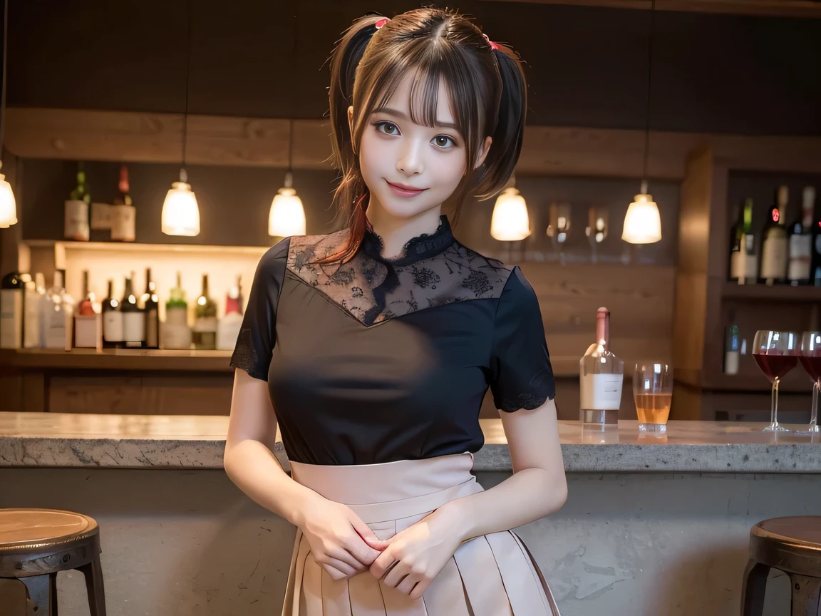 (Highest quality, masterpiece, Ultra-high resolution, 8K, RAW Photos, Realistic, Anatomically correct:1.5), 20-year-old girl:1.2, Embarrassing, avert your eyes, blush:1.0, View Viewer, ((bar)) 、Night view、 Light:1.2, Bokeh, Cinema Lighting:1.0, Depth of written boundary, sharp、 Cute face、Idol、Wine red short sleeve lace top、Black pleated skirt、wine colored clothes、”dwarf”、(Floral clothes)、(Full Body Shot)、Side angle、Cowboy Shot、 smile、(Ultra short hair、Short ponytail)、(Straight bangs)、((See-through))、(( One Girl))、Waist、I can see your thighs、