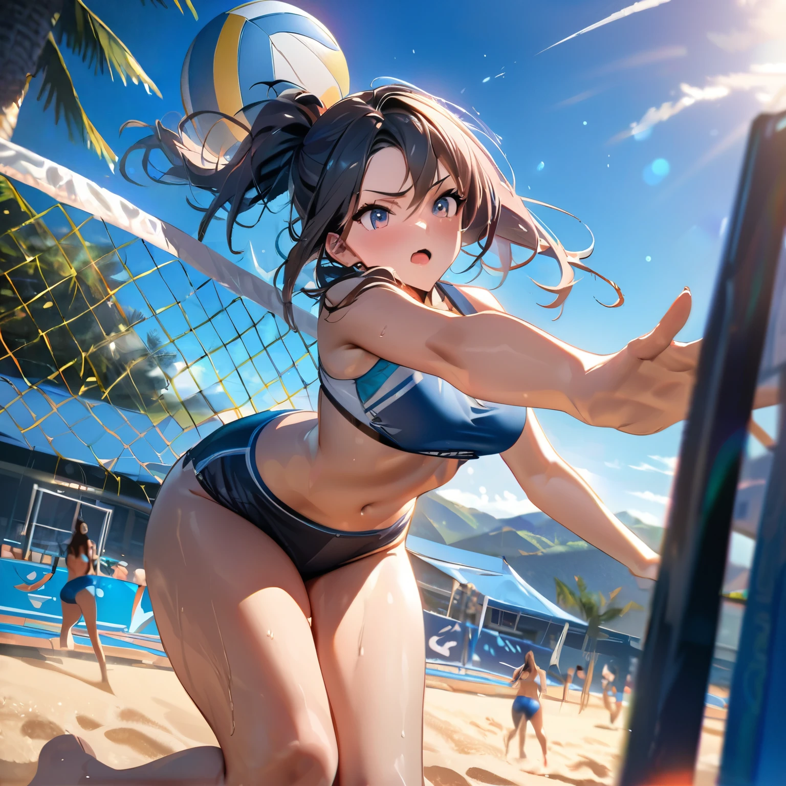 a beautiful girl playing beach volleyball on a sunny beach, athletic woman in bikini spiking the ball, detailed face and body, detailed volleyball court, clear blue sky background, dynamic action pose, masterpiece, high quality, intricate details, stunning colors, warm lighting, golden hour, (best quality,4k,8k,highres,masterpiece:1.2),ultra-detailed,HDR,UHD,studio lighting,ultra-fine painting,sharp focus,physically-based rendering,extreme detail description,professional,vivid colors,bokeh,side view,