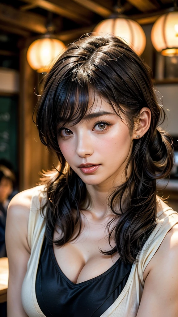 (masterpiece:1.3), (8K, Photorealistic, Raw photo, Best image quality: 1.4), Japanese girl、(Random Hairstyles:1.2)、Cleavage:1.2、Super detailed face、Attention to detail、double eyelid、Put your chest together、Sharp focus:1.2、Beautiful woman:1.4、Light brown hair、Highest quality、masterpiece、Ultra-high resolution、(Photorealistic:1.4)、, compensate, eye shadow, Thick eyelashes, Fantasy, Looking at the audience, spring ((Natural big breasts:1.2)),((Upper Body))