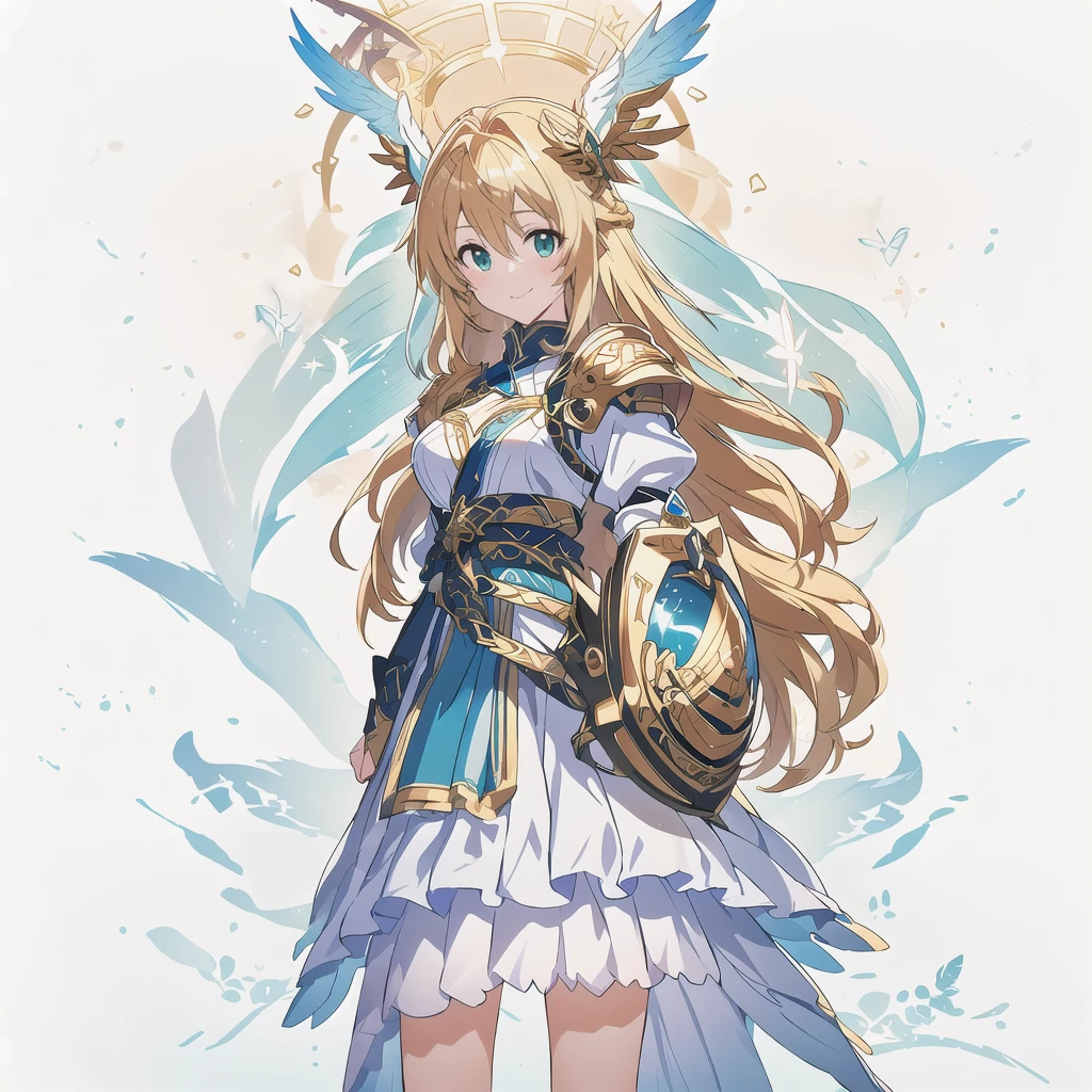 Highest quality, high resolution, High quality anime art style, Valkyrie, cowboy shot,Official Art, Smooth anime CG art,Cute 3D anime girl render, Visual Novel Sprites, White background,Smooth anime CG art, A woman in a white dress and blue armor holding a spear, An intricately designed helmet with white feathers,Small shield, Intricate blue and gold armor,Golden Hair, long hair, Rin々Shii,Large Bust,17 years old,