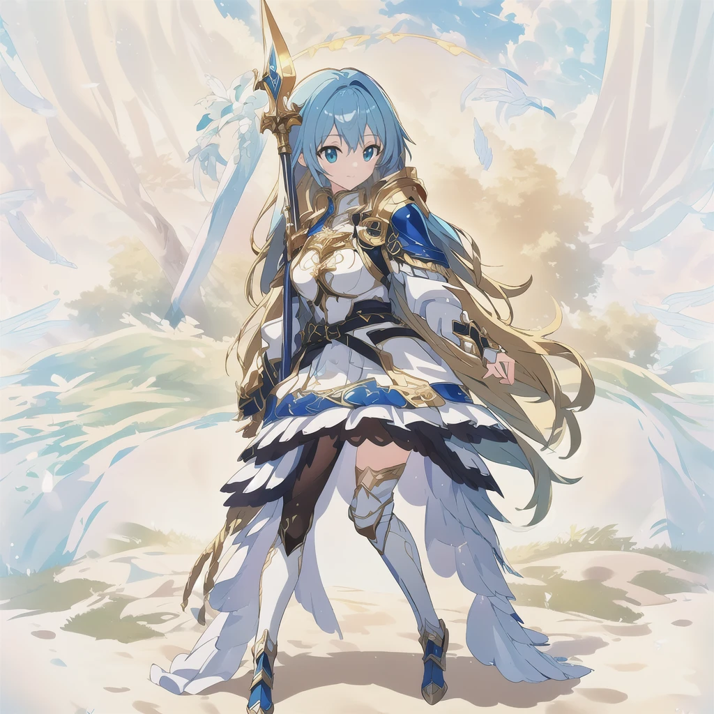 Highest quality, high resolution, High quality anime art style, Valkyrie, cowboy shot,Official Art, Smooth anime CG art,Cute 3D anime girl render, Visual Novel Sprites, White background,Smooth anime CG art, A woman in a white dress and blue armor holding a spear, An intricately designed helmet with white feathers,Small shield, Intricate blue and gold armor,Golden Hair, long hair, Rin々Shii,Large Bust,17 years old,