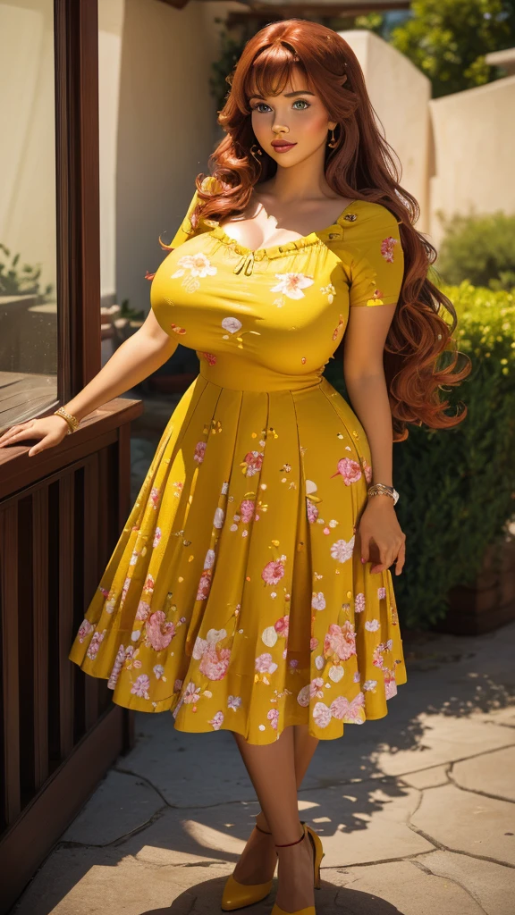 DisneyAurora, 27 years old, full body view Beautiful woman (((long wavy auburn hair, two side up with bangs))) defined body, voluptuous, sexy, cherry red lipstick, arms by her sides, hands free, mouth slightly open, standing facing camera ((( short sleeve floral print yellow dress, long skirt))), on a patio surrounded by fireworks exploding in the sky in the background, night (large_breasts:1.1) (curvy:1.1) (thick, chubby, 11p, cute)