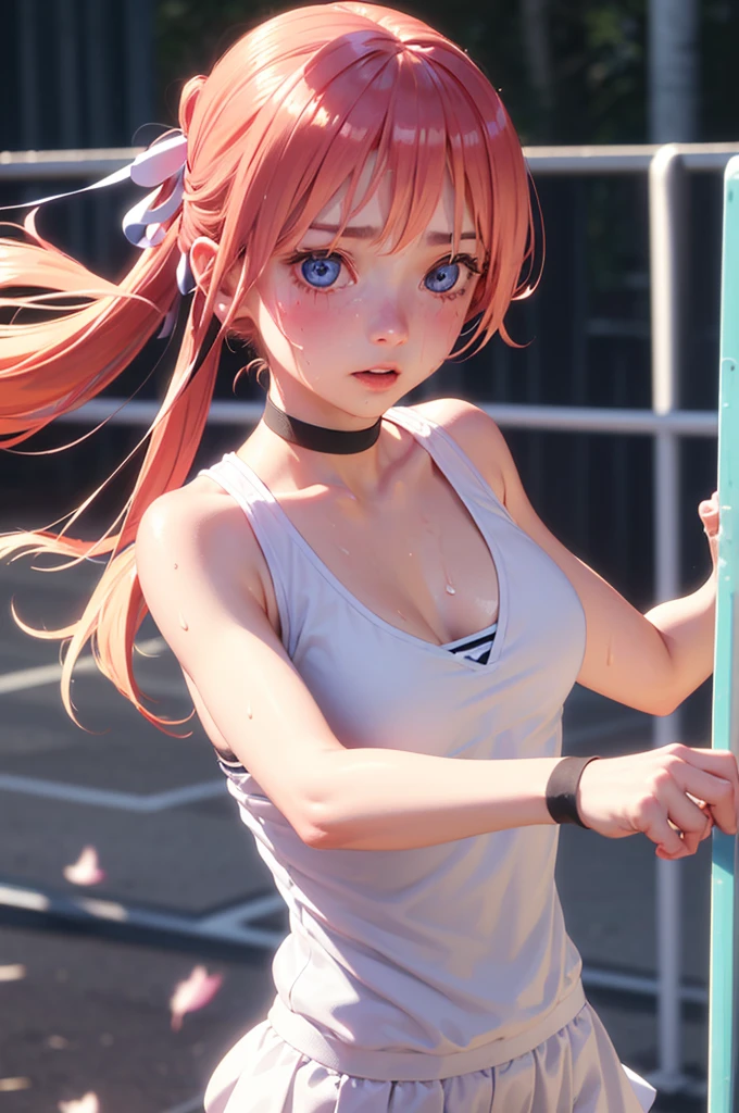 blue eyes, hair ornaments, Hair Ribbon,Show your forehead、Twin tails、 Random color tennis wear, clavicle, Thighs, blush,, Lace choker, short hair,,No bra,,Highly detailed skin, Highly detailed face, (beautiful Fine grain, the girl, Red cheeks), (A girl is standing), The girl is a cute 18-year-old tennis player., (Not wearing a bra, Knee socks、 The girl has a toned figure., Pink tennis wear, Sun visor,, Tennis court, ((I took the photo from the front、The girl contains the whole body)), flowing、Fine grain, Perfect functionality, ( Highest quality, good quality:1.4), Intricate details,Closely、Embarrassed expression、blush、Shining Sweat、Perfect Skin,Sweat is noticeable in the cleavage、、Thighsの汗が目立つ、 Fair skin,Tight waist, Sweating profusely、Sweaty hair、Sweaty clothes、Sweaty、Visible sweat、Sweat-soaked hair、Athlete System、cherry blossoms、Blonde、Silver Hair、Serve Form、Volley Form、Receive form、