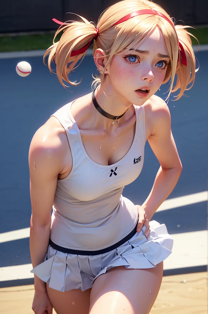 blue eyes, hair ornaments, Hair Ribbon,Show your forehead、Twin tails、 Random color tennis wear, clavicle, Thighs, blush,, Lace choker, short hair,,No bra,,Highly detailed skin, Highly detailed face, (beautiful Fine grain, the girl, Red cheeks), (A girl is standing), The girl is a cute 18-year-old tennis player., (Not wearing a bra, Knee socks、 The girl has a toned figure., Pink tennis wear, Sun visor,, Tennis court, ((I took the photo from the front、The girl contains the whole body)), flowing、Fine grain, Perfect functionality, ( Highest quality, good quality:1.4), Intricate details,Closely、Embarrassed expression、blush、Shining Sweat、Perfect Skin,Sweat is noticeable in the cleavage、、Thighsの汗が目立つ、 Fair skin,Tight waist, Sweating profusely、Sweaty hair、Sweaty clothes、Sweaty、Visible sweat、Sweat-soaked hair、Athlete System、cherry blossoms、Blonde、Silver Hair、Serve Form、Volley Form、Receive form、