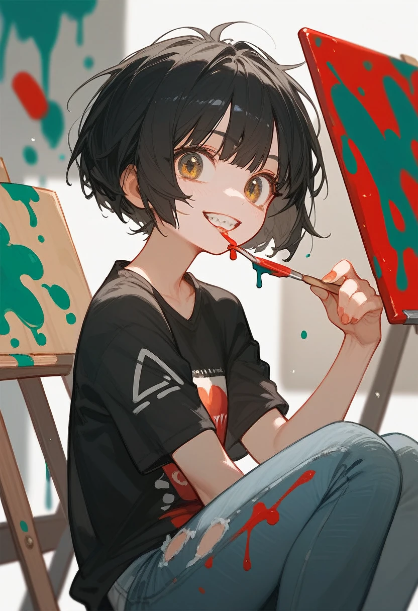 Tsunagi work clothes with jeans fabric with paint, long black hair and shaggy cut girl, jagged teeth, cutehighly detailed