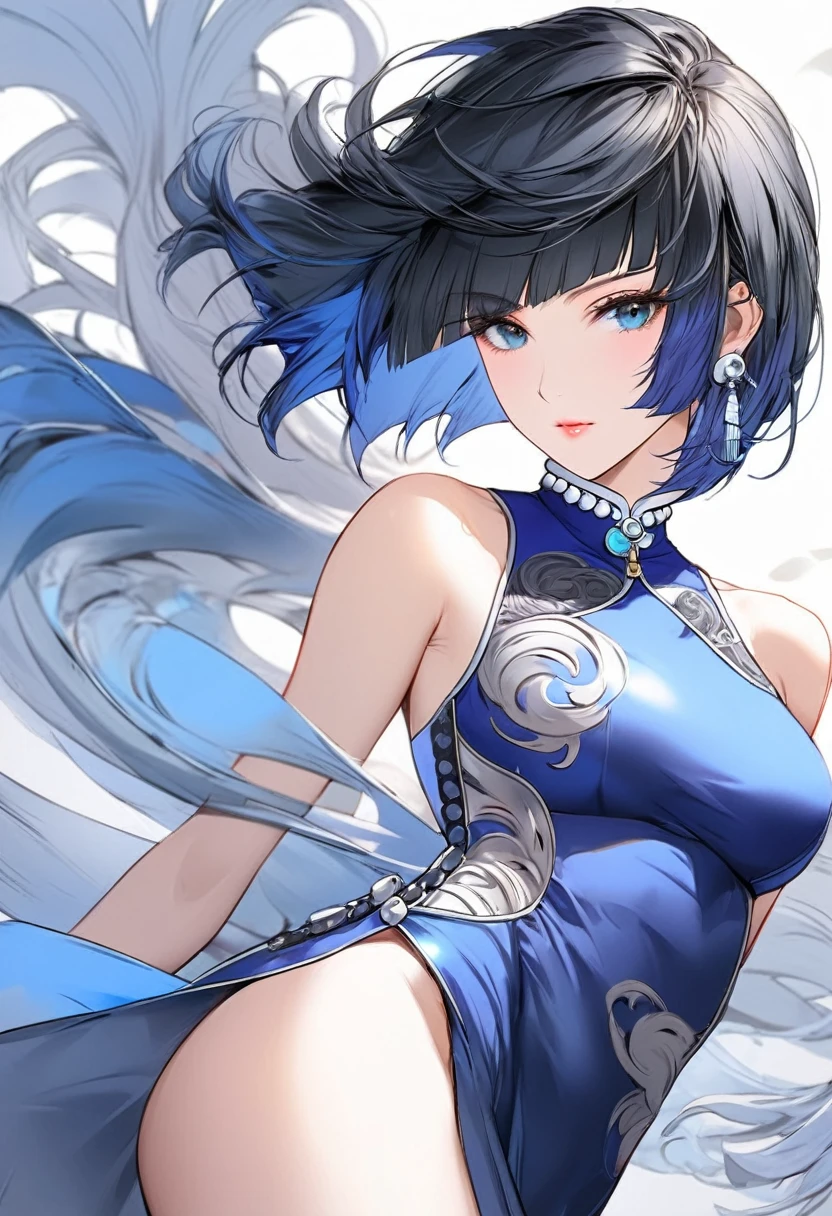 （Genshin Yelan）（Wearing a light blue cheongsam），Fan in hand,(masterpiece), (best quality), (Super detailed),(Messy hair),(illustration), (1 Girl), (Ink style background),Beautiful and delicate eyes, Delicate and beautiful face, floating,(High Saturation)(,(shining), focus on face, Bangs, (shining), Optimal lighting, The best shadow