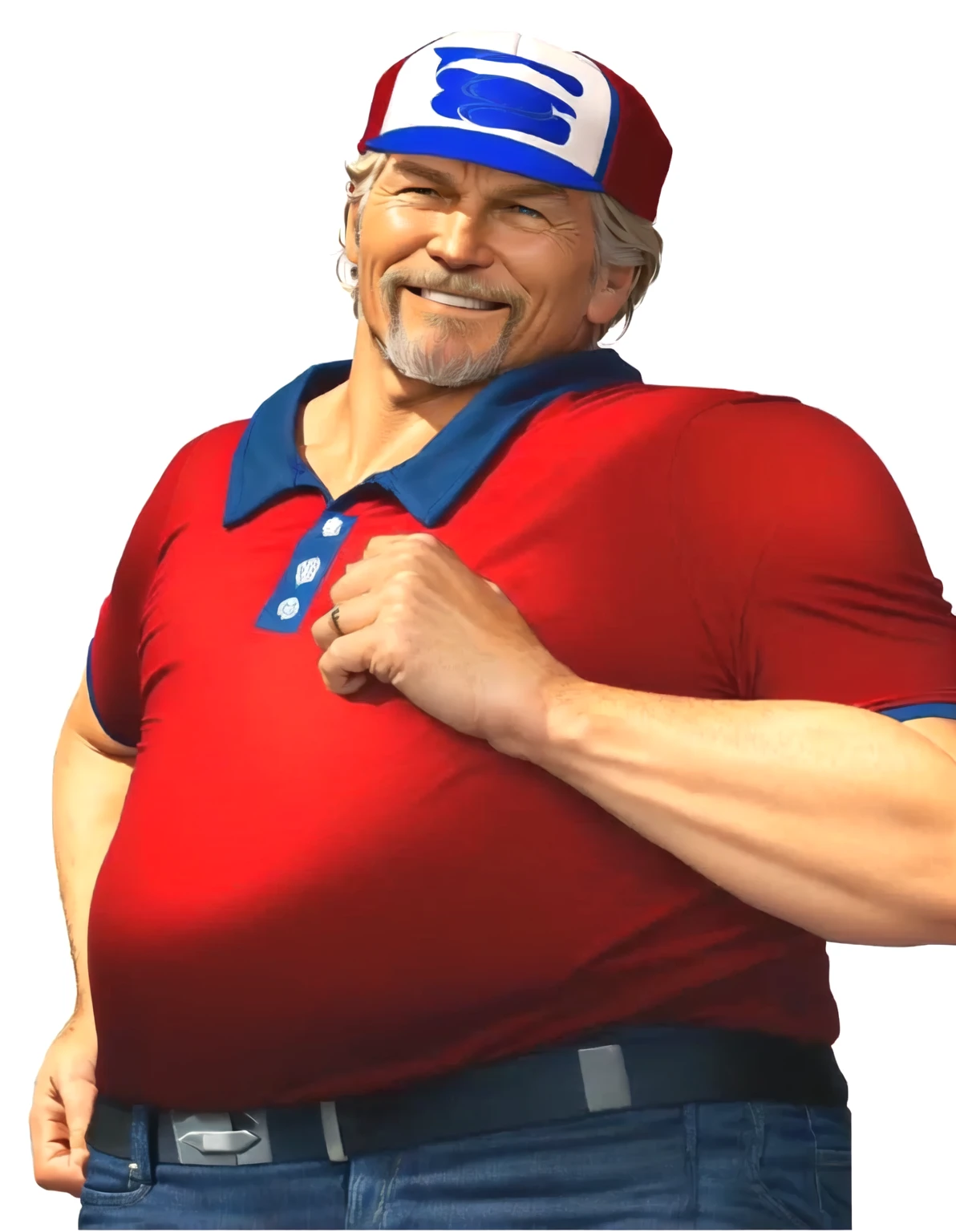 a close up of a man wearing a red shirt and blue jeans, as a character in tekken, beefy, realistic textures, jeff bridges with a goatee, best friend smiling at you with encouragement, Out Run 2 flagman, 2 k, 2k, muscular bernie sanders, buff man, character from king of fighters, robust stocky body, hide the pain harold, name of character is flagman, wise face, his cap has a SEGA logo on it, short hair