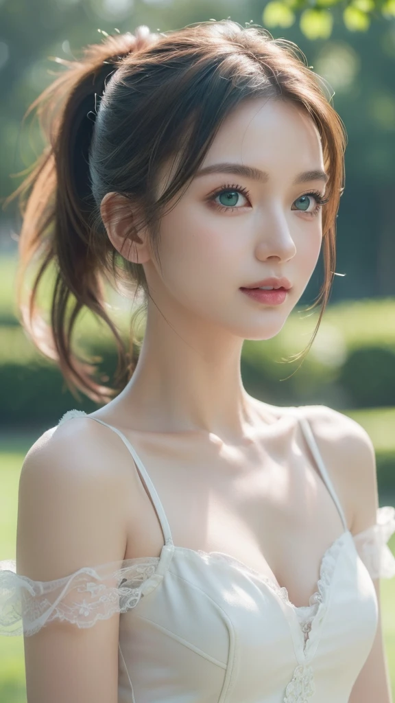(((masterpiece))), (((best quality))), ((very detailed)), (very detailed shooting), ((very delicate and beautiful)), cinematic light,((1girl)) , solo , (upper body), (character focus), Big breasts, cleavage, top shirt, bare shoulders, beautiful, cute, ((medium shooting)), ((portrait)), ((high end 2K) ), ( (green eyes)), outdoor green, wind, ponytail, smile, 1 small coral on the cheek
