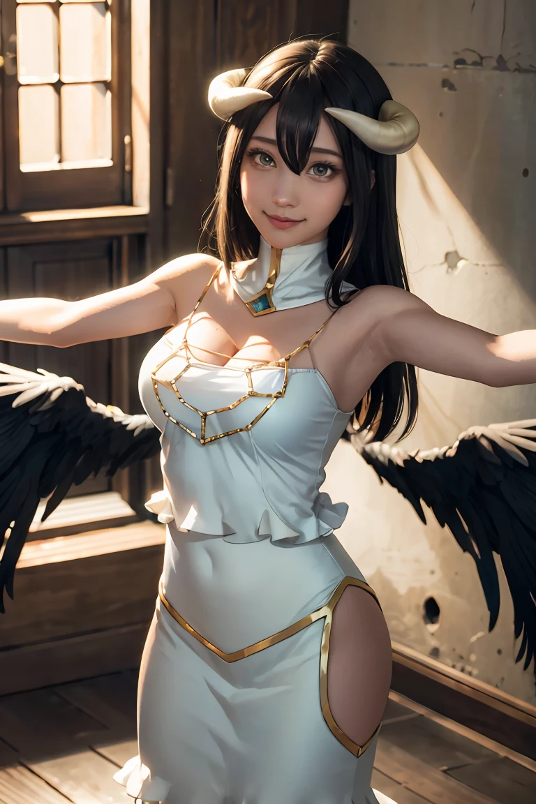 masterpiece, best quality, highres, al1, demon horns, slit pupils, white gloves, white dress, bare shoulders, detached collar, cleavage, black wings, feathered wings, low wings, cowboy shot, standing, dungeon, evil smile, reaching out, spread arms, outstretched arms,