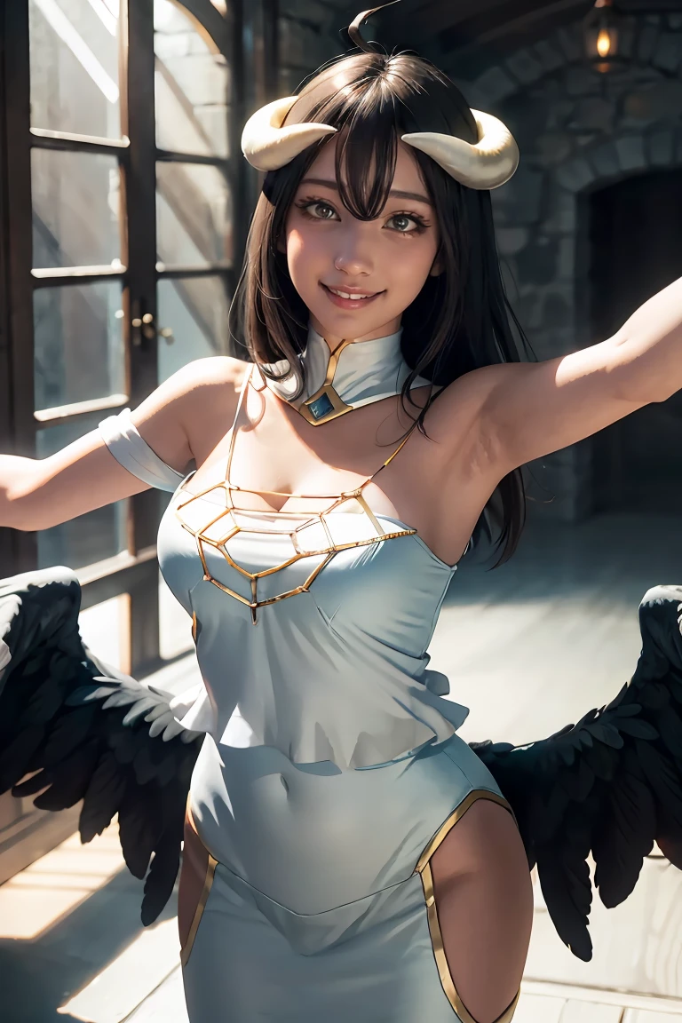 masterpiece, best quality, highres, al1, demon horns, slit pupils, white gloves, white dress, bare shoulders, detached collar, cleavage, black wings, feathered wings, low wings, cowboy shot, standing, dungeon, evil smile, reaching out, spread arms, outstretched arms,