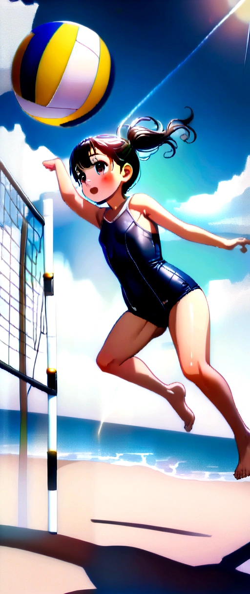 (Dynamic Angle: 1.4), (Full body pose: 1.5), (Beach Volleyball: 1.5), (High resolution CG Unity 16K wallpaper: 1.1), (Noise Reduction Strength: 1.45), (Cute little kid, 8-year-old: 1.5), (masterpiece: 1.37), (Official Art), Highest quality, (Realistic), Deformed Characters, (Nice eyes: 1.2), (Dynamic pose: 1.4), (Old school swimsuit costume: 1.3), Jump into the air to catch a volleyball, White sand beach, Midsummer, 8K resolution, (Anime Style: 1.3), Cinema Lighting, chromatic aberration, Spark of Light, Ray Tracing, blend, Ultra Wide Angle,, (Highest quality),((naked))