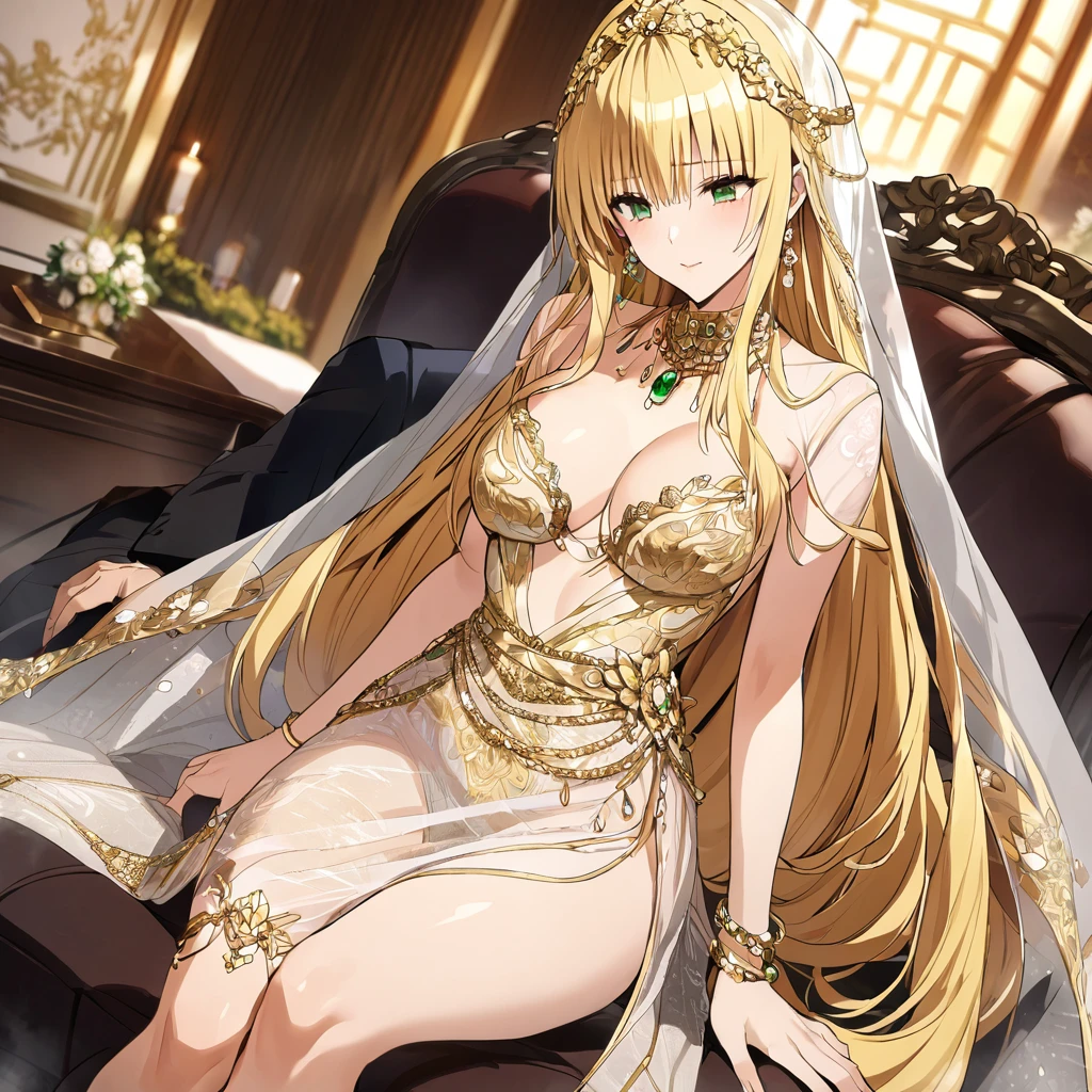 ((Highest quality)), ((masterpiece)), (detailed), (Perfect Face)、The woman was a tiare with green eyes and medium-long blonde hair, and was wearing a luxurious, shiny, gold-colored, long-slit see-through dress with gorgeous embroidery and trim, which allowed her skin to show through, a gold-colored see-through cape, and a gold-colored see-through veil. She was wearing a gorgeous jeweled hair accessory, a jeweled head dress chain, a jeweled waist chain, a gorgeous necklace, bracelets, ankle bracelets, jeweled earrings, and shiny gold boots. She was also wearing an engagement ring.、The woman is being held close by the man on a luxurious sofa in a luxurious room and is being fondled.、The man is a dignified, bearded, elderly man of great wealth, wearing luxurious clothing with gold embroidery and trim.