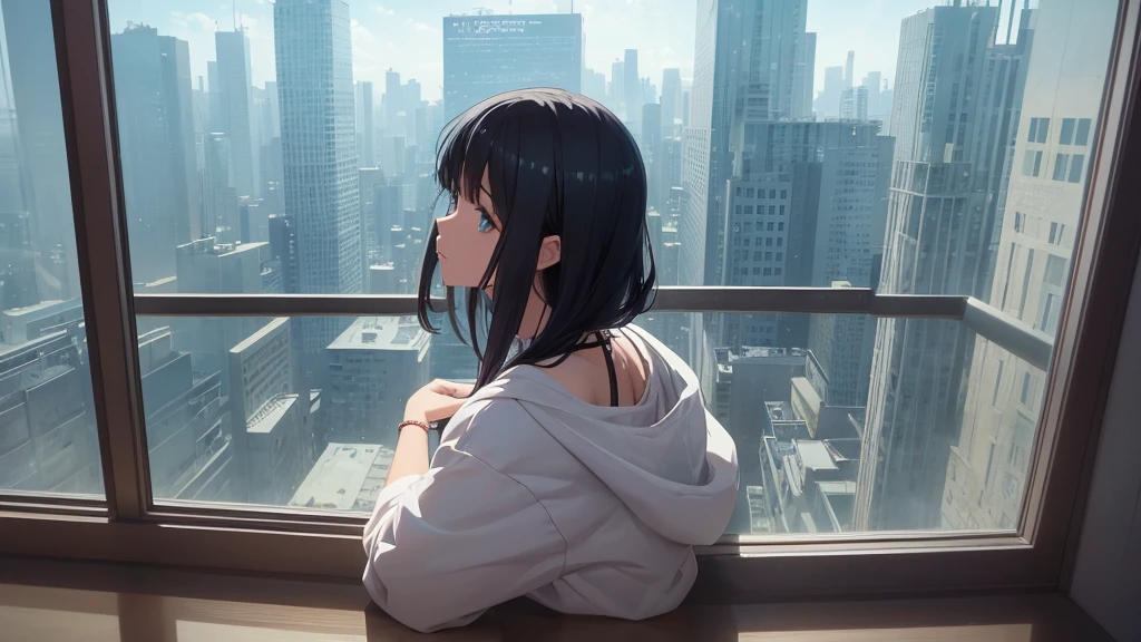 Absurd, Ultra-high resolution, (Official Art, beautifully、mysterious:1.2), Correct human body composition, Striking eyes, length, Shiny black hair, Larger than average bust, Girl listening to music with headphones, Looking out the window, lo-fi girl, Oversized hoodie, Makoto Shinkai and Artgelm, Anime atmosphere, Lofi Art Style, Anime style 8k, Anime Aesthetics, Lo-fi feel, Anime Art Wallpapers 8K, An atmosphere of praise, City Room, girl's room, A room for music lovers, city view from the window, Impressive cityscape, Bright sky