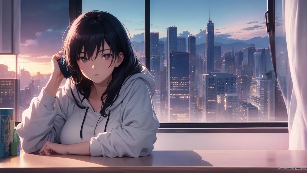 Absurd, Ultra-high resolution, (Official Art, beautifully、mysterious:1.2), Correct human body composition, Striking eyes, length, Shiny black hair, Larger than average bust, Girl listening to music with headphones, Looking out the window, lo-fi girl, Oversized hoodie, Makoto Shinkai and Artgelm, Anime atmosphere, Lofi Art Style, Anime style 8k, Anime Aesthetics, Lo-fi feel, Anime Art Wallpapers 8K, An atmosphere of praise, City Room, girl's room, A room for music lovers, city view from the window, Impressive cityscape, Bright sky