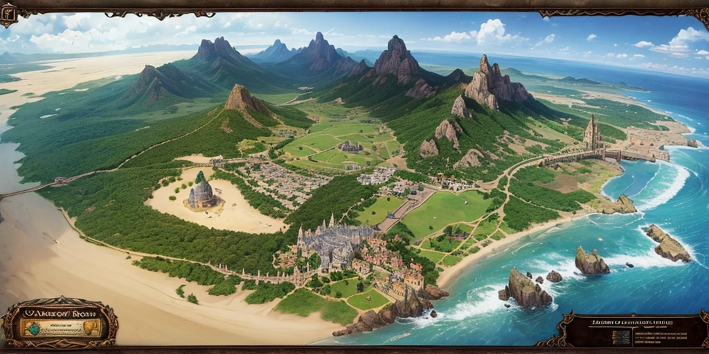 High quality, fantasy world, planisphere, heroic, lots of towns and villages, different architecture, map of the kingdom,