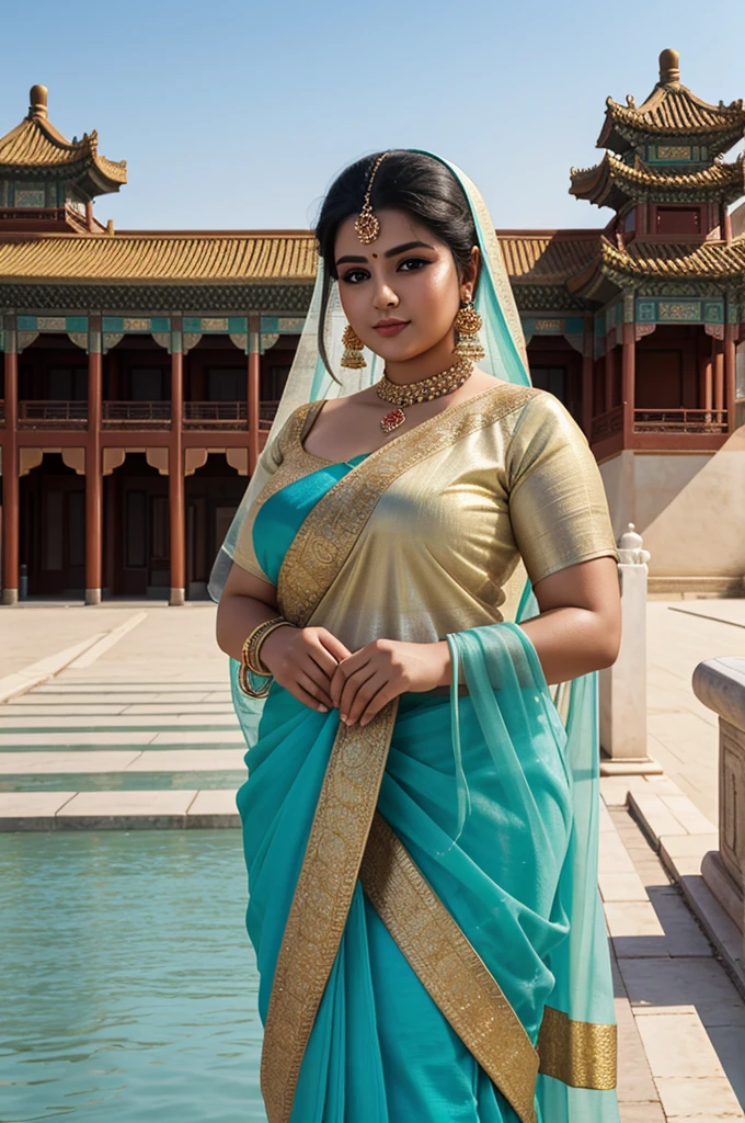 1 Heavenly beautiful and goddess beauty cute and sweet looking face Arabian female in front of Summer Palace, China, Heavenly beautiful Overweight, Heavenly beautiful Extremely fat, Heavenly beautiful and attractive Chubby figure , Heavenly beautiful looking and eye catching luxury style Bandhani Saree , reaching out, Heavenly beautiful Arabian woman, 16k, High resolution, masterpiece, highest quality, fine skin, outside view, Realistic Photograph, close up face view