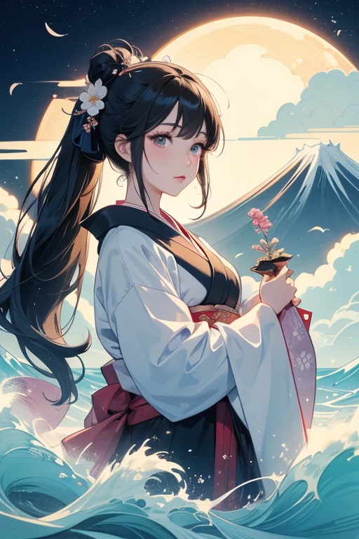 (Highest quality、masterpiece、High resolution、8K)、Vibrant colors、1 Female、Black hair Japanese topknot、whole body、Bon dance、着物は和装で白地に鮮やかなflower柄模様、Official Art、The background is Ukiyo-e style、White waves,Fuji Mountain,flower,moon,cloud,