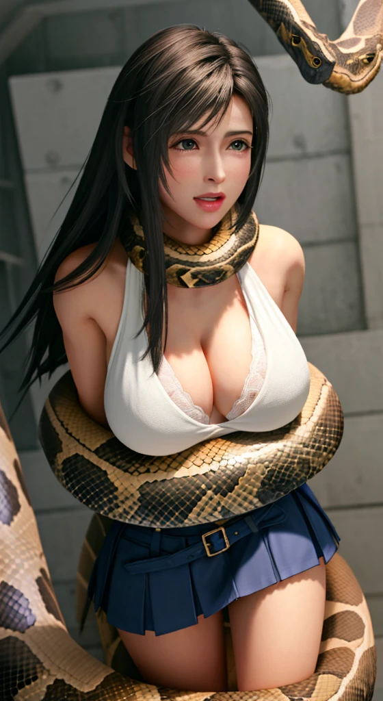 masterpiece, best quality, highres, Tifa Lockhart, messy hair, long hair, large breasts, unique hair detailed, large breasts, breasts out, blue skirt, beautiful detailed eyes, cleavage, snake, (coiled), (python), snake scales detailed, restrained, angry face, crying, nude, masterpiece}}}, {{highly extreme detailed}}, solo, Focus on the girl, anime, (milk dripped from her nipples), Nude, tears, blush, {orgasm}, {sweaty}, {{python sex}}, (((object insertion))), jangle, spread arms, interspecies, bestiality, (Giant python bestiality, Giant python sex, ((Giant python Rape)), Giant python Rape, Giant python Coils, Passionate Squeeze) (((Giant python coils, Passionate squeeze, ))), coils,((Tifa is wrapped around a giant python)), ((giant python rape)), giant python sex,
