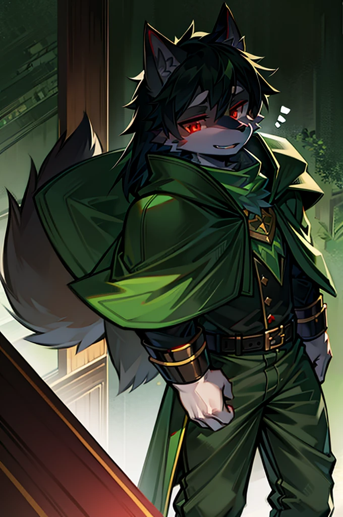 One Chico, Wolf, Green and black fur, young people, Two red eyes，There is a green ring on the hand，There is a cape around the neck，Wearing green combat uniform，Mobile phone holding a long sword