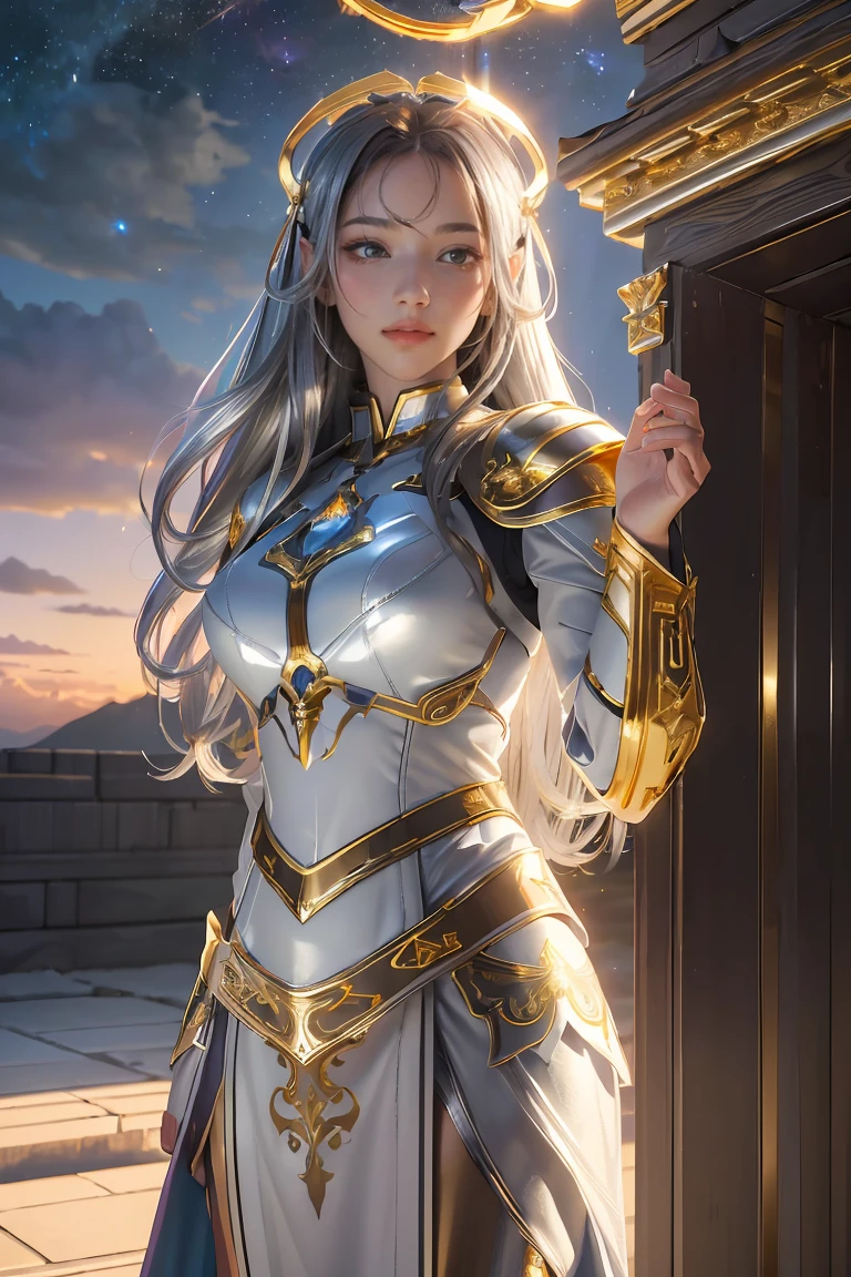 ((masterpiece, best quality, extremely detailed), volumetric lighting, ambient occlusion, colorful, glowing), 1girl, solo, young girl, (dark hair), long hair, halo, aura, sacred, goddess, cleric suit, (silver outfit with gold detailst:1.3), armor, outdoors, sunset, sky, clouds, space, (fantasy theme:1.2),